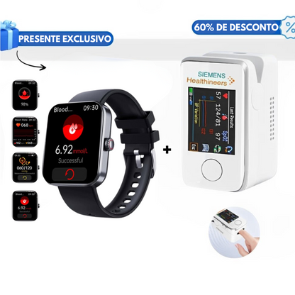 Medidor de Glicose no Sangue Multifuncional + Relógio Monitorizador - COMPRA 1 E RECEBE OUTRO GRÁTIS